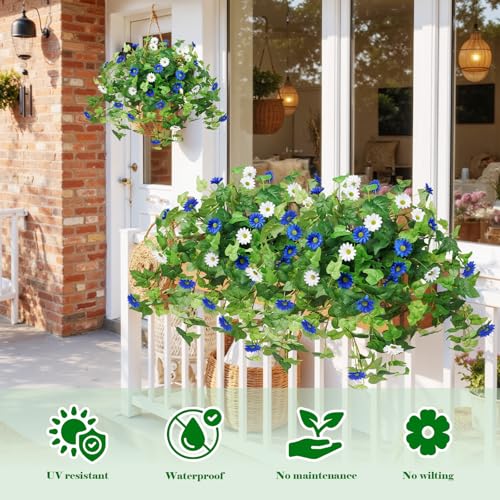 Krissing 3 Pcs Artificial Flowers for Outdoors UV Resistant Fake Greenery Plants with Daisy Flowers for Outside Planters Porch Window Box Home Decor (Blue, White) - color: Blue+white, size: 3