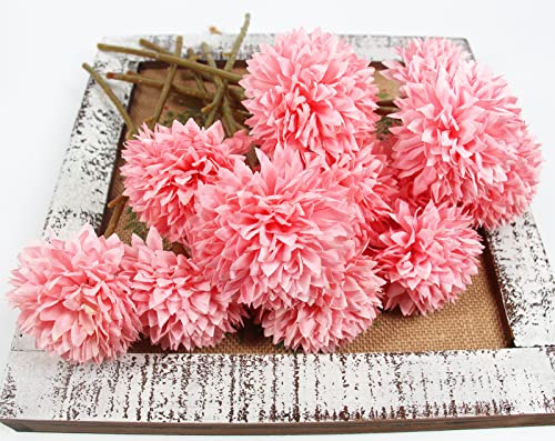 Tinsow 12 Pcs Faux Ball Chrysanthemum Bouquet Pink Artificial Ball Flowers Fake Sring Flowers for Home Garden Party Wedding Decoration (12, Pink) - color: Pink