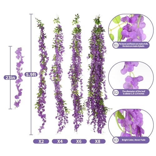 ARTKAIKE Artificial Flowers Garland for Home Decor, Fake Wisteria Vine Silk Hanging Plant Flower for Room Bathroom Wall Kitchen Bedroom Garden Outdoor Wedding Decor (4, Purple) - color: Purple