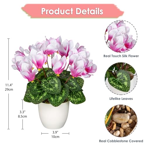 Hollyone Artificial Cyclamen Flowers Plant Potted Fake Silk Flower Plants in White Pot Faux Pink Cyclamen Flowers Arrangement Home Decor Office Bathroom Shelf Desk Decorations - color: Pink, size: Cyclamen Flowers