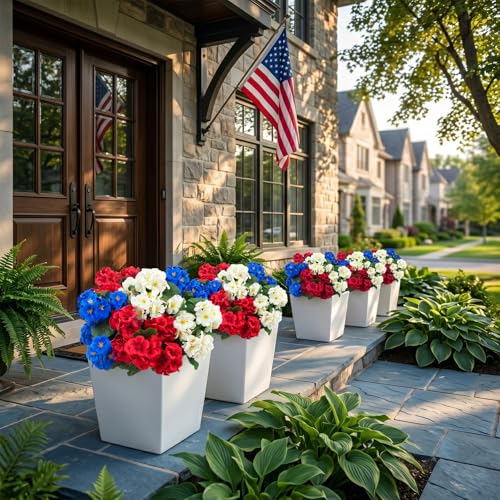 Hananona 12 Pcs Artificial Geranium Flowers for Outdoors Geranium Silk Red White Blue Flowers Outdoor UV Resistant Plants Faux Patriotic Flowers for 4th of July Home Decor (12, RedWhiteBlue) - color: Redwhiteblue