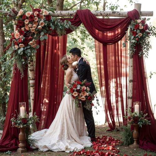 Wedding Arch Draping Fabric, 1 Panel 18FT Burgundy Sheer Backdrop Curtain Chiffon Fabric Drapery Voile Scarf Draping Panels for Wedding Archway Ceremony Curtain Valance Party Decoration - color: Burgundy Drapes Curtain, size: (1 Panel )6 Yards/18ft