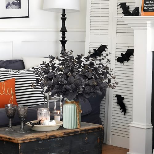 Yen Jean 20PCS Black Halloween Decor Artificial Flowers Bulk - Eucalyptus Stems Branches Decorations for Table Indoor Centerpieces Party Supplies - style: Black