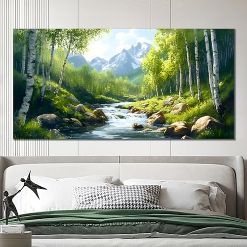 SSNEEKNDG Green Forest Large Wall Art for Living Room Tree Pictures Landscape Mountain Artwork for Bedroom Office Kitchen Canvas Prints 29"x58" - size: 29"L x 58"W