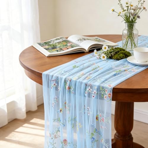 Blue Floral Table Runner 10ft Embroidery Tulle Spring Wildflower Table Runner Seasonal Summer Butterfly Kitchen Dining Gauze Decoration for Baby Shower Wedding Party Birthday (1 Pcs) - color: Blue