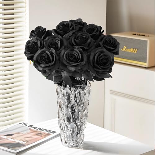 10 Pcs Black Rose Artificial Flower, Faux Silk Flowers With Long Stems, Fake Roses Bulk Bouquet for Decoration Valentine's Day Centerpieces Proposal Bridal Bouquets Shower Party Home Floral Decor - color: Black