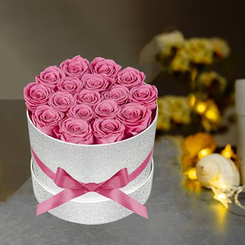 Prifroti 17 Pink Flowers in Glitter Box, Birthday Gifts for Women, Preserved Flowers, Mothers Day Roses Gift for Mom - color: Pink | Glitter Box, size: 17 Roses