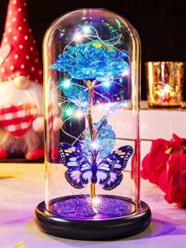 Mothers Day Mom Gifts for Mom Birthday Gift for Women Galaxy Glass Rose in Glass Dome Forever Eternal Crystal Flower with Butterfly Mother's Day Flowers Gifts for Wife Daughter Grandma Sister Blue - color: C Blue