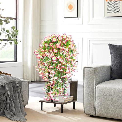 4 Pack Artificial Faux Hanging Flowers Plant for Outdoor, Fake Silk Morning Glory with Eucalyptus UV Resistant Realistic Trailing Vine for Wall Home Porch Patio Balcony Yard Indoor Decor, Pink White - color: Pink