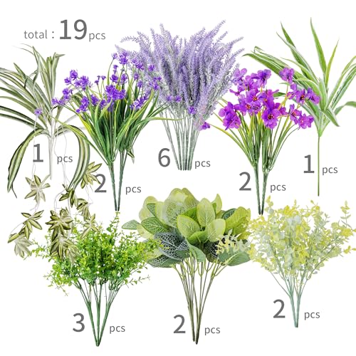 PARTY JOY 19 Bunches Fake Plants Outdoor, Fake Bushes UV Resistant Artificial Lavender Flowers Greenery Shrubs Faux Greenery for Outdoor Garden Patio Front Porch Yard Decor - color: Lavender Garden