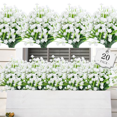 AmyHomie 20 Bundles Artificial Flowers for Outdoor Outside Spring Summer Decoration UV Resistant Faux Flowers No Fade Fake Plastic Plants Garden Porch Window Box Decorating (Pure White) - color: Pure White, size: 20