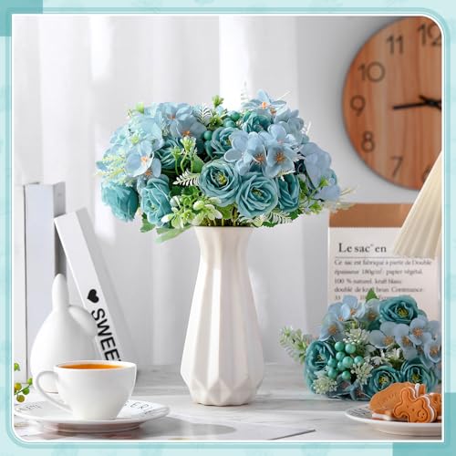 Yungyan 8 Pcs Wedding Artificial Rose Flowers Fake Roses Silk Hydrangea Berry Bouquet 12 Inch Faux Flowers for Bridal Wedding Party Floral Home Decoration Table Centerpieces(Teal Blue)