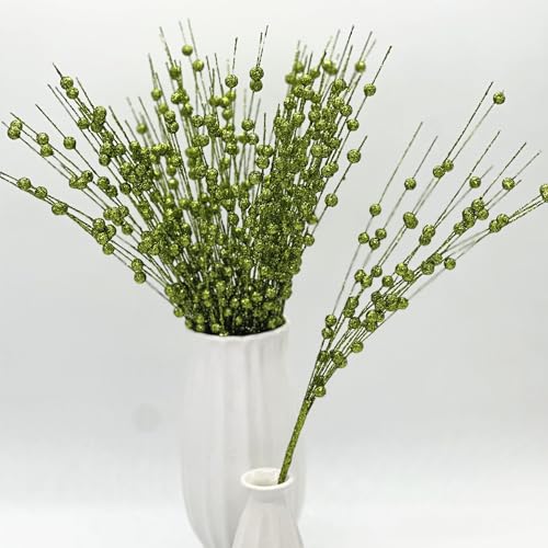 Artificial Glitter Berry Stem Ornaments, Bright Berries Decorative Bead Sticks, Glittery Twigs, Picks Branches for Home Christmas Tree, Small Vase, Holiday Wedding Party Decor - 17 Inch Green 10 Pack - color: Glitter Berry Sticks - Green 10 Pack