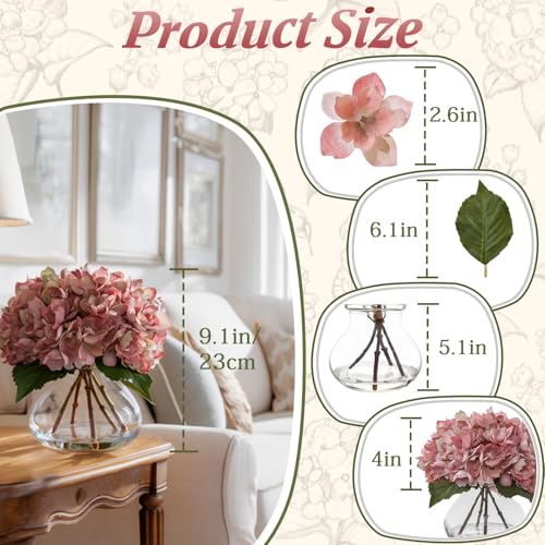 Light Pink Artificial Hydrangea Flowers with Glass Vase, Faux Floral Arrangements with Fake Water, Lifelike Hydrangeas Table Centerpieces for Dining Room, Coffee Table, Bathroom Decor - color: D-light Pink