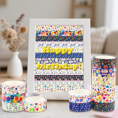 12 Rolls Happy Birthday Washi Tape, Colorful Cake Candles Masking Tapes, Balloons Birthday Hat Decorative Washi Tape for Birthday Party Gift Wrapping Scrapbooking DIY Art Crafts 16.4FT - color: U