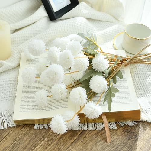 Mandy's 6 Stems Silk Ivory Kiku Ball Flowers | Artificial Chrysanthemum Stems for Home Summer Décor Realistic Faux Floral Arrangement Minimalist Elegant Style - color: Ivory