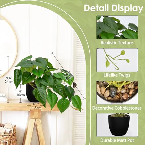DILATATA Fake Plants Indoor 8 Inch Artificial Pothos Plant in Black Plastic Pot - Faux Potted Pothos Plant for Home Aesthetic Decor Living Room Shelf Office - color: Pothos #Plastic