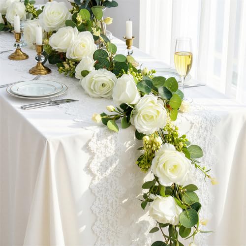 Lewondr Artificial Eucalyptus Garland with Flower, 2Pack 13FT Faux Floral Greenery Garlands Fake Flowers Vines, Maintenance-Free for Wedding Table Backdrop Party Centerpiece Room Decor, White - color: White Color, size: 2 Pack