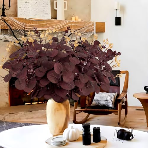 Yen Jean 20PCS Dark Wine Red Halloween Eucalyptus Stems Artificial Fake Flowers Bulk Decorations, Burgundy Branches for Indoor Table Centerpieces Party Supplies - style: Dark Red Wine
