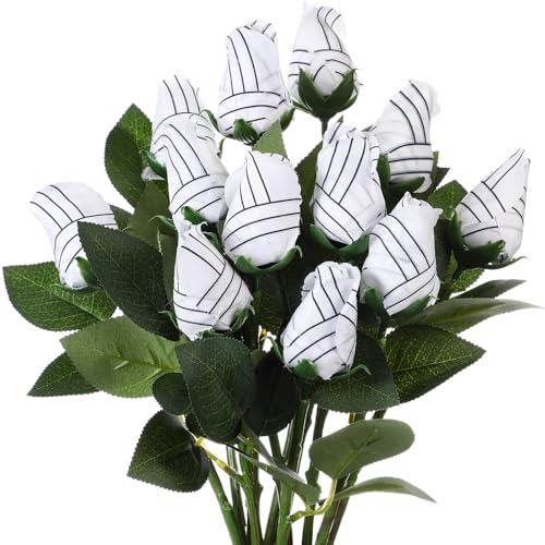 Suhine 12 Pcs Artificial Volleyball Rose Flowers Sports Party Favors Bulk for Birthday Graduation Wedding Party Decoration Table Centerpieces Mom Team Coach Senior Night Gift(Volleyball Color, Normal) - color: Volleyball Color, size: Normal