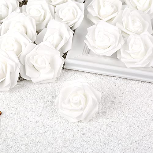 IPOPU 100 Pcs Artificial Rose Flower Heads Real Looking White Foam Fake Roses for DIY Wedding Baby Shower Centerpieces Arrangements Party Tables Home Decorations (White 1, Stemless) - color: White 100pcs