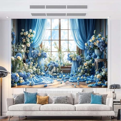 White Rose Floral Blossoms Backdrop Bridal Wedding Flowers Background Anniversary Ceremony Cake Smash Wedding Theme Party Decoration Valentine Kids Adults Woman Mom Photo Backdrop(Blue-2, 8x6feet) - color: Blue-2, size: 8x6feet