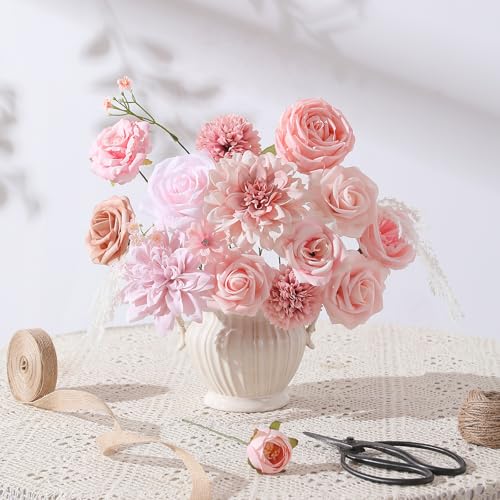 Floweroyal Artificial Flowers Fake Rose Flowers Dahlia with Stems for DIY Wedding Bridal Bouquets, Baby Shower, Floral Arrangement, Table Centerpieces, Home Decorations (Nude Color) - color: A Abby Dusty Pink