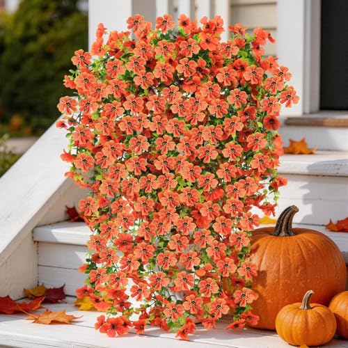 Artificial Hanging Flowers for Outdoors, 6PCS Faux Silk Artificial Flowers for Outdoors, UV Resistant Fake Flowers, No Fade Trailing Greenery, Decor for Home Porch Patio Balcony Garden Yard - color: Orange