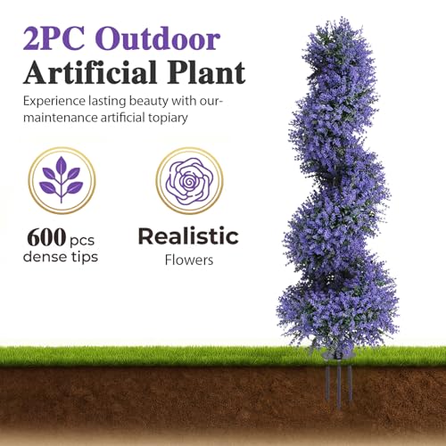 PATIO CHOICE 3ft Artificial Topiary Spiral Trees with Lavender Set of 2 High End Outdoor Faux Plants Realistic Fake Bushes Lilac Shrubs Decorations for Outdoor Front Porch Garden - color: Spiral Lavender, size: 3ft