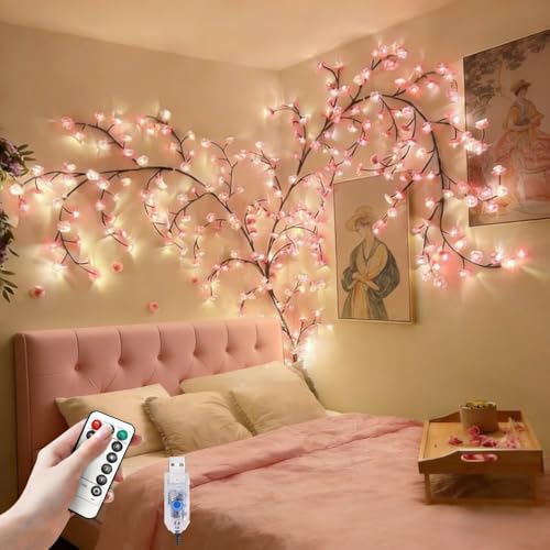 Cherry Blossom Lights for Bedroom Wall Decorations,4 FT 48 LED Cherry Blossom Decor,2026 New Dimmable Light-Up Pink Bedroom Decor with Remote Timer,8 Lighting Modes - color: 48 LED Pink cherry blossom