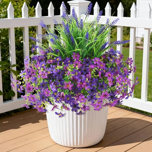 Artificial Flowers for Outdoors UV Resistant, 14 Bundles Fake Flowers Daisy with Lavender Faux Outdoor Plants Silk Flower for Outside Planters Patio Porch Window Garden Yard Spring Summer Decoration - color: Deep Purple Fuchia