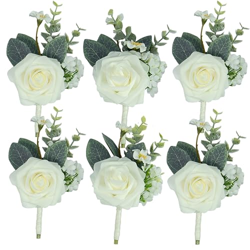 Ivory Boutonniere for Men,Prom boutonnieres, White boutonnere,Groom and Groomsmen Boutonniere for Wedding Ceremony Anniversary, Formal Dinner Party and Grad Night (Set of 6) - color: Ivory, size: set of 6