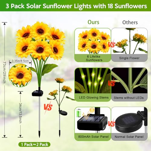 Solar Sunflower Lights Outdoor Garden Decor, Solar Flowers Lights with 18 Sunflowers, Waterproof Fall Decor Stake Decorative Light Auto ON/Off for Garden Yard Patio Backyard, Gift for Women (3 Pack) - color: Warm White, size: 6 in 1 Sunflower-3 Pack