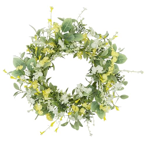 YNYLCHMX 20" Spring Summer Wreaths for Front Door, Artificial Floral Wreath with Yellow White Daisy & Green Eucalyptus Leaves, Green Foliage Wreath for Wall Window Farmhouse Party Holiday Home Decor - color: Daisy