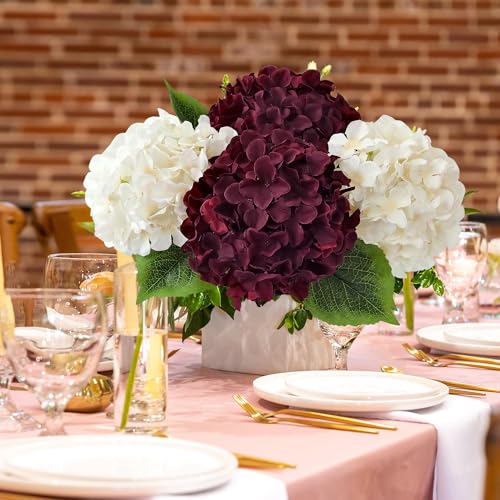 JINWOE 5Pcs Burgundy Silk Hydrangea Artificial Flowers, 20Inch Large Lifelike Flowers,Halloween Christmas Artificial Hydrangeas for Indoor Bouquet Table Centerpieces Floral Arrangements Home Wedding - color: Burgundy