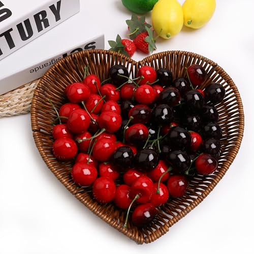 50PCS Simulation Cherry Fake Fruit Red Cherry is Used for Home Dining Table, Kitchen, Fruit Ornaments, Glass Jar Filler and Fruit Basket Supplement - color: Dark Red Cherry