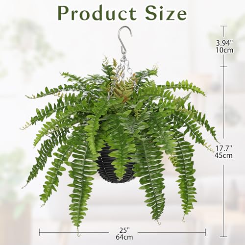 Hollyone Artificial Fern Hanging Basket Plant 25" Boston Ferns 31 Leaves Greenery Plants with Rattan Pot for Outdoors & Indoor Fake Fern Bush Plant in Pot for Patio Entrance Porch Garden Decor Green - color: Hanging Basket - Green Medium 2