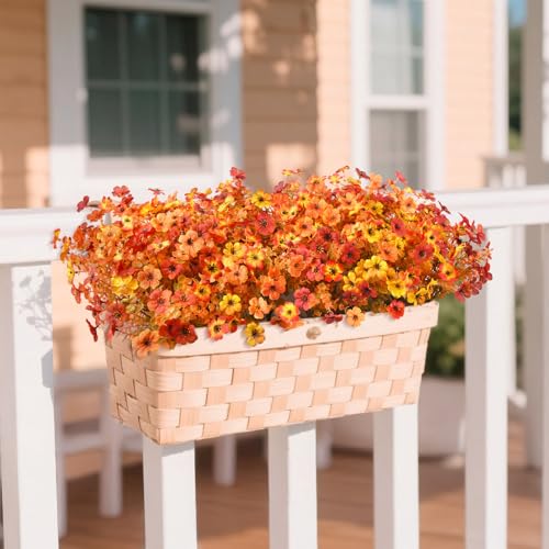 Artificial Fall Flowers for Outdoor, 12 Bundles 4 Colors Faux Mums Fake Fall Plants for Decoration, UV Resistant No Fade Silk Plastic Flower for Autumn Porch Patio Planters Windowbox Yard Garden - color: Orange,golden,autumn Sunset Red