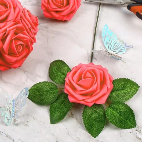Artificial Fuchsia Foam Roses with Stems & Leaves - Pack of 50, Perfect for Wedding Centerpieces, Event Decor, DIY Bouquets, and More - color: Fuchsia