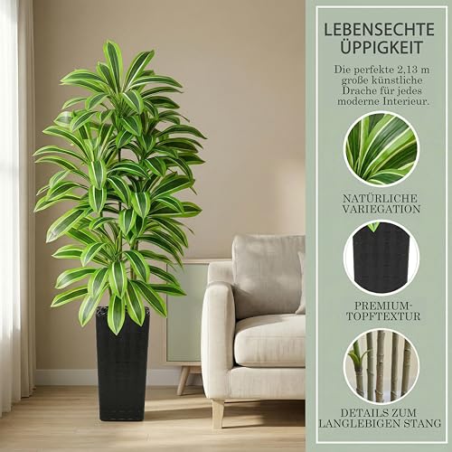 Artificial Dracaena Tree：7FT Faux Silk Tropical Yucca Floor Trees Realistic Fake Green Plant with Natural Wood Trunk & Lifelike Leaves for Home Office Decor Indoor & Outdoor (7FT,1-Pack,Black) - color: Light Green – Black Pot, size: 7FT