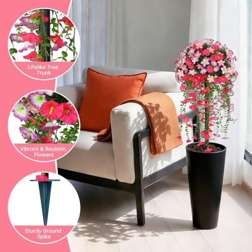 Yangrass Artificial Topiary Ball Trees with Pink Morning Glory Flowers, 3FT Faux Outdoor Plants Artificial Bushes Set of 2 with Ground Spike, UV Resistant Fake Shrubs for Front Porch Garden - color: Pink Morning Glory