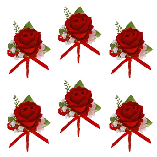 Marriwise 6pcs Rose Boutonniere for Men, Artificial Flowers Wedding Groom Groomsmen Boutonniere for Wedding/Anniversary/Prom/Rustic Wedding/Homecoming (Red) - color: Red