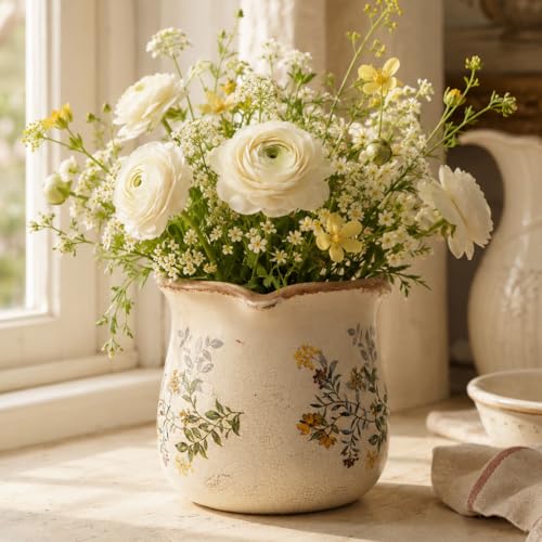 Xiaan Jiaju Ceramic Flower Vase, Rustic Farmhouse Vases & Planting Pots with Drainage, European Home Decor for Mantel Fireplace Bookshelf Wedding Centerpieces Gift, Yellow Blooms - color: Yellow Blooms