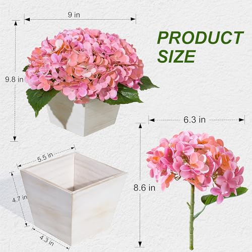 Artificial Hydrangea Flowers Arrangement in Wood Planter, 4PCS Fake Pink Flowers in Wooden Vase Potted Floral Centerpieces for Tables Living Room Home Office Room Shelf Kitchen Decor - color: Pink Hydrangea