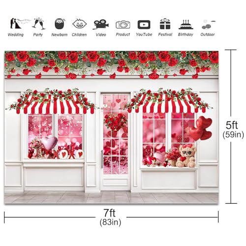 Valentines Photography Backdrop 7x5ft Valentines Shop Red Rose White Wall Photo Background Flowers Shop Wedding Bridal Shower Banner Photo Booth Props