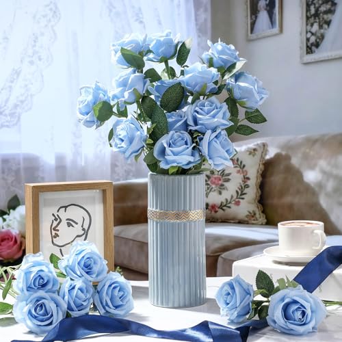 Thiccywoov 30 Pcs Rose Artificial Flowers in Bulk Lifelike Long Stem Silk Roses Bouquets Realistic Faux Flowers for Wedding Bridal Shower Home Decor Floral Arrangements Table Centerpiece(Light Blue) - color: Light Blue