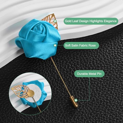 M METERXITY 1-Pack Flower Lapel Pins for Men, Golden Leaf Rose Boutonnieres Pin Groom Boutonnieres for Wedding/Dance/Party, Men Lapel Pins for Suits Satin Flower Corsage [Blue] - color: Blue