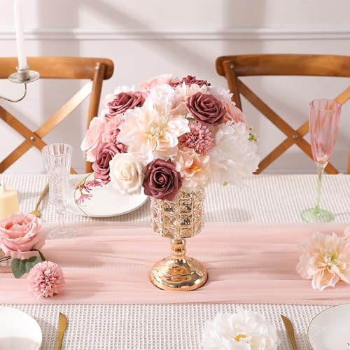 Garisey Artificial Flowers Combo, Mix Silk Flowers Roses, Peonies, Dahlias with Stems for DIY Wedding Bridal Bouquets, Baby Shower, Table Centerpieces, Home Decor, Fake Floral Arrangements-Blush Pink - color: Blush Pink&champagne Powder
