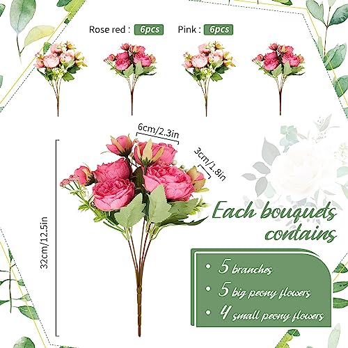 Jexine Artificial Peonies Flowers Bouquet Silk Faux Peony Fake Peonies Artificial Flowers Bouquets for Vase Floral Arrangements Wedding Home Table Decoration(Rosy Red, Pink,12 Bundles) - color: Rosy Red, Pink
