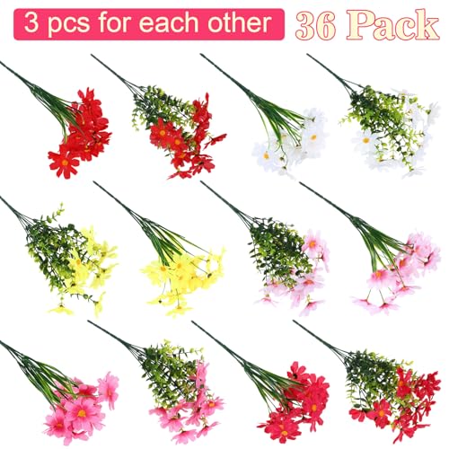 Thiccywoov 36 Bundles Artificial Flowers for Outdoors UV Resistant, Faux Greenery Flowers for Porch Planters Patio Window Box Farmhouse Garden Decor
